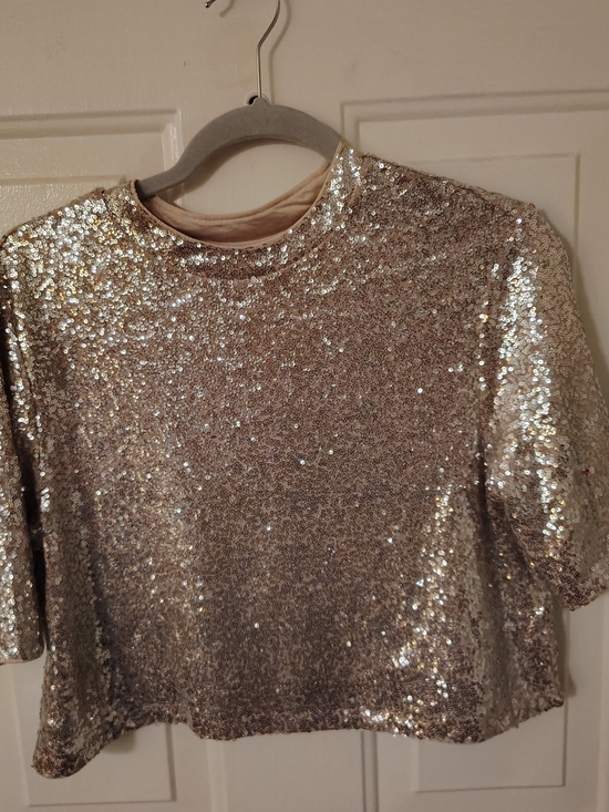 H&M Tops - H&M Gold Sequin Short Sleeve Crop Top